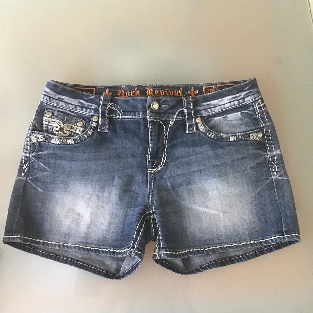Rock Revival Shaina Easy Short 28 Blue Denim Embroidered Flap Pocket Shorts Y2K